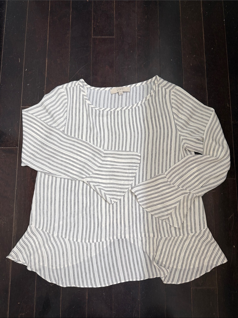 LOFT White Top with Black Vertical Stripes and Peplum Hem